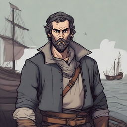 A dark DND illustration of a 30-year-old medieval sailor wearing a neutral expression