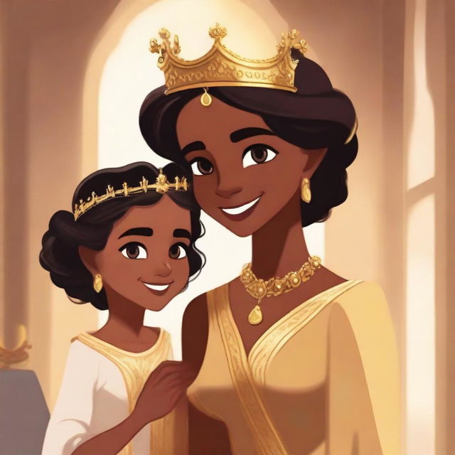 A younger brown girl with a gentle smile passes a majestic gold crown to an older brown woman