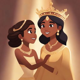 A younger brown girl with a gentle smile passes a majestic gold crown to an older brown woman