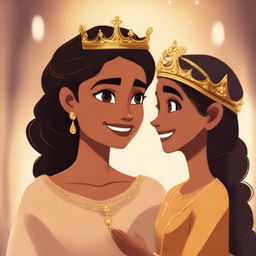 A younger brown girl with a gentle smile passes a majestic gold crown to an older brown woman