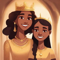 A younger brown girl with a gentle smile passes a majestic gold crown to an older brown woman