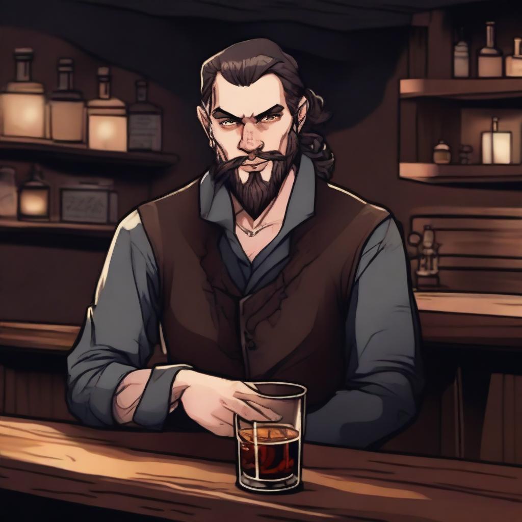 A dark DND illustration of an eccentric 25-year-old innkeeper at a bar