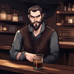 A dark DND illustration of an eccentric 25-year-old innkeeper at a bar