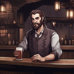 A dark DND illustration of an eccentric 25-year-old innkeeper at a bar