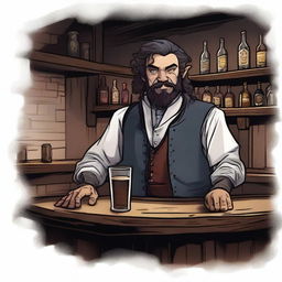 A dark DND illustration of an eccentric 25-year-old innkeeper at a bar