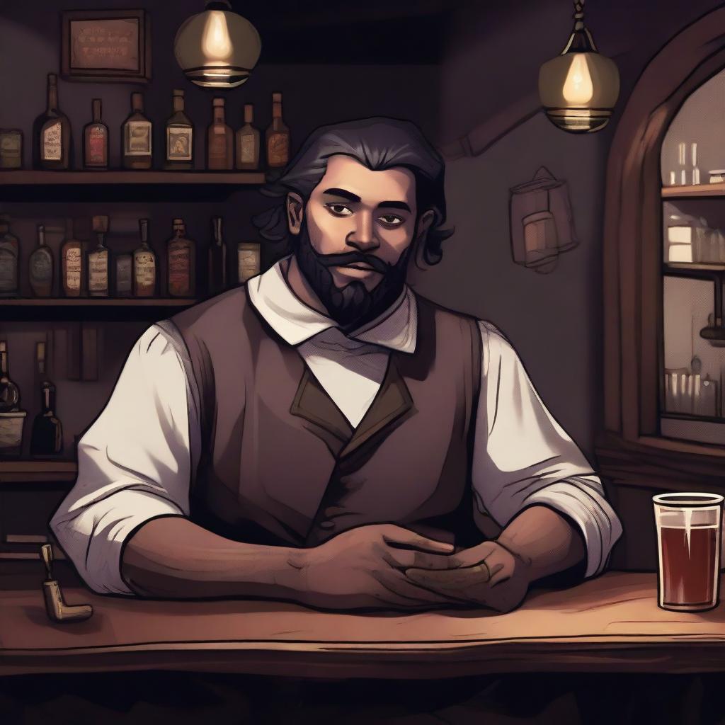 A dark DND illustration of an eccentric 25-year-old innkeeper at a bar