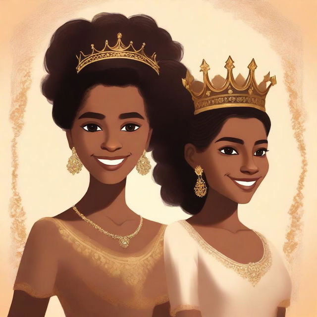 Design a captivating book cover featuring a younger brown girl with a gentle smile passing a majestic gold crown to an older brown woman