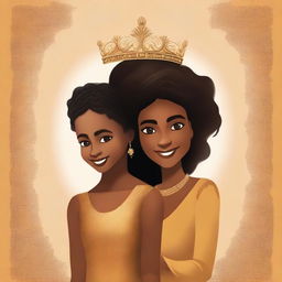 Design a captivating book cover featuring a younger brown girl with a gentle smile passing a majestic gold crown to an older brown woman