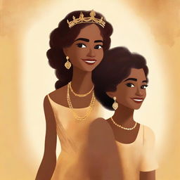 Design a captivating book cover featuring a younger brown girl with a gentle smile passing a majestic gold crown to an older brown woman