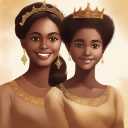 Design a captivating book cover featuring a younger brown girl with a gentle smile passing a majestic gold crown to an older brown woman