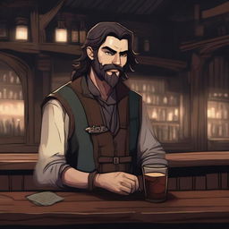 A dark DND illustration of an eccentric 25-year-old medieval innkeeper at a bar