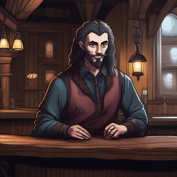 A dark DND illustration of an eccentric 25-year-old medieval innkeeper at a bar