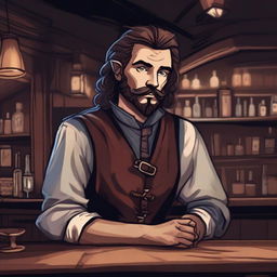 A dark DND illustration of an eccentric 25-year-old medieval innkeeper at a bar