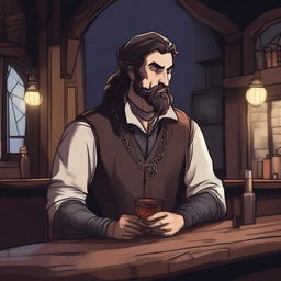 A dark DND illustration of an eccentric 25-year-old medieval innkeeper at a bar