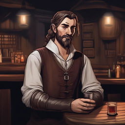 A dark DND illustration of an eccentric 25-year-old medieval innkeeper at a bar