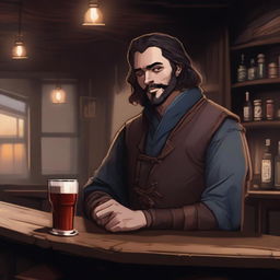 A dark DND illustration of an eccentric 25-year-old medieval innkeeper at a bar