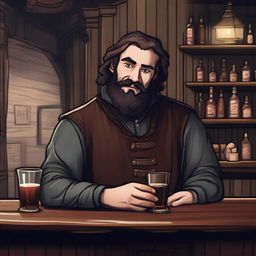 A dark DND illustration of an eccentric 25-year-old medieval innkeeper at a bar