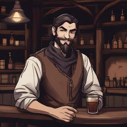 A dark DND illustration of an eccentric 25-year-old medieval innkeeper at a bar