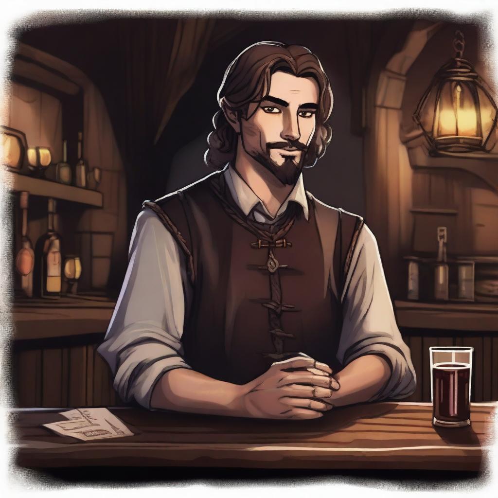 A dark DND illustration of a 25-year-old medieval innkeeper at a bar, wearing a neutral but pleased expression