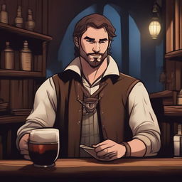 A dark DND illustration of a 25-year-old medieval innkeeper at a bar, wearing a neutral but pleased expression