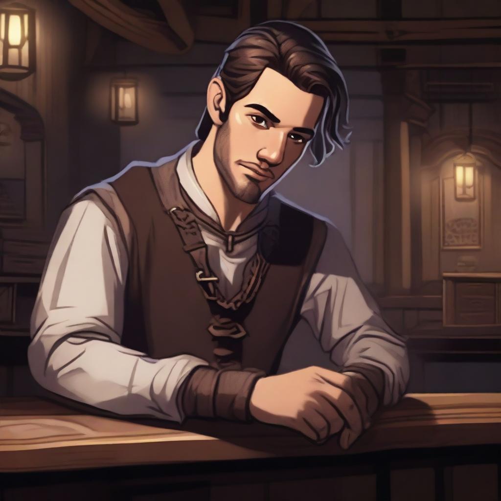 A dark DND illustration of a 25-year-old medieval innkeeper at a bar, wearing a neutral but pleased expression