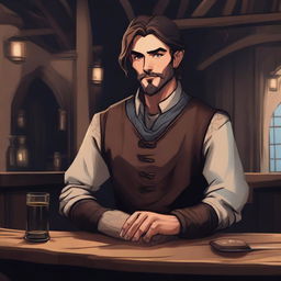 A dark DND illustration of a 25-year-old medieval innkeeper at a bar, wearing a neutral but pleased expression