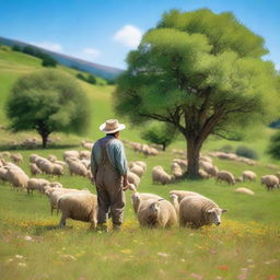 A beautiful pasture with a shepherd and his sheep