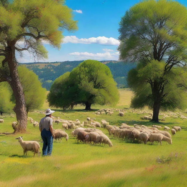 A beautiful pasture with a shepherd and his sheep