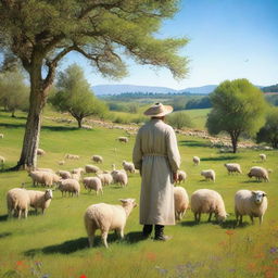 A beautiful pasture with a shepherd and his sheep