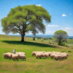 A beautiful pasture with a shepherd and his sheep