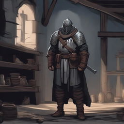 A dark DND illustration of a medieval soldier in his barracks