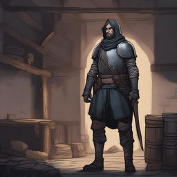 A dark DND illustration of a medieval soldier in his barracks