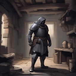 A dark DND illustration of a medieval soldier in his barracks