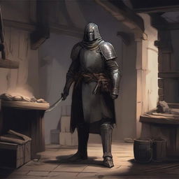 A dark DND illustration of a medieval soldier in his barracks