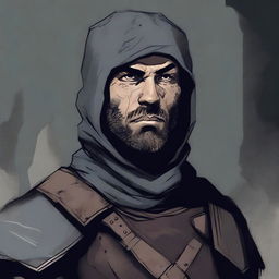 A dark DND illustration of a medieval soldier with no helmet, wearing a grizzled expression