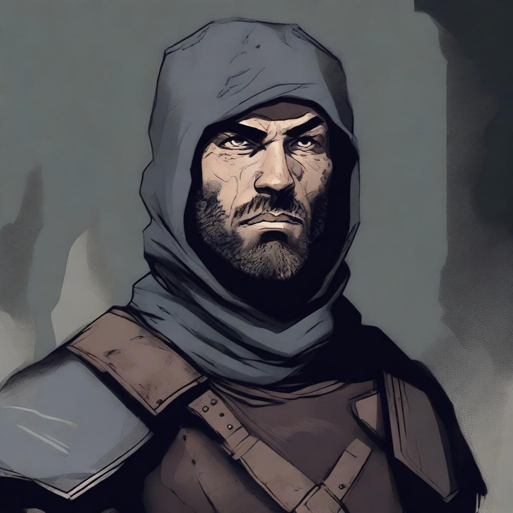 A dark DND illustration of a medieval soldier with no helmet, wearing a grizzled expression