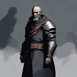 A dark DND illustration of a medieval soldier with no helmet, wearing a grizzled expression