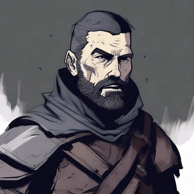 A dark DND illustration of a medieval soldier with no helmet, wearing a grizzled expression