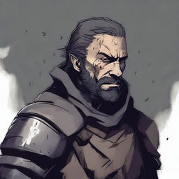 A dark DND illustration of a medieval soldier with no helmet, wearing a grizzled expression