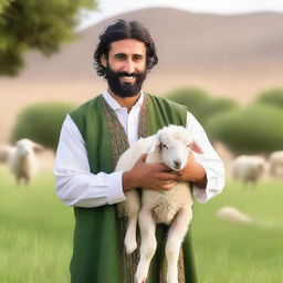 A handsome Middle Eastern shepherd holding a baby sheep in a lush, green pasture