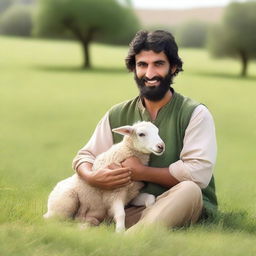 A handsome Middle Eastern shepherd holding a baby sheep in a lush, green pasture