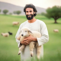 A handsome Middle Eastern shepherd holding a baby sheep in a lush, green pasture