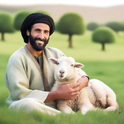 A handsome Middle Eastern shepherd holding a baby sheep in a lush, green pasture