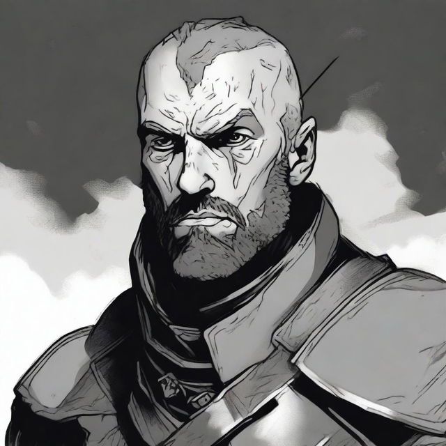 A dark DND illustration in black and white of a medieval soldier with no helmet, wearing a grizzled expression