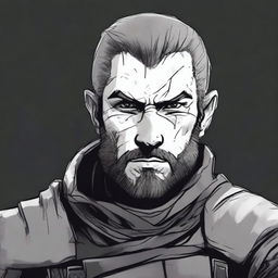 A dark DND illustration in black and white of a medieval soldier with no helmet, wearing a grizzled expression