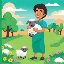 A vibrant cartoon book cover featuring a handsome Middle Eastern shepherd holding a baby sheep in a lush, green pasture