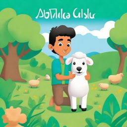 A vibrant cartoon book cover featuring a handsome Middle Eastern shepherd holding a baby sheep in a lush, green pasture