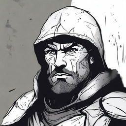 A dark DND illustration of a medieval soldier with no helmet, wearing a grizzled expression