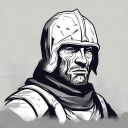 A dark DND illustration of a medieval soldier with no helmet, wearing a grizzled expression