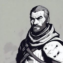 A dark DND illustration of a medieval soldier with no helmet, wearing a grizzled expression